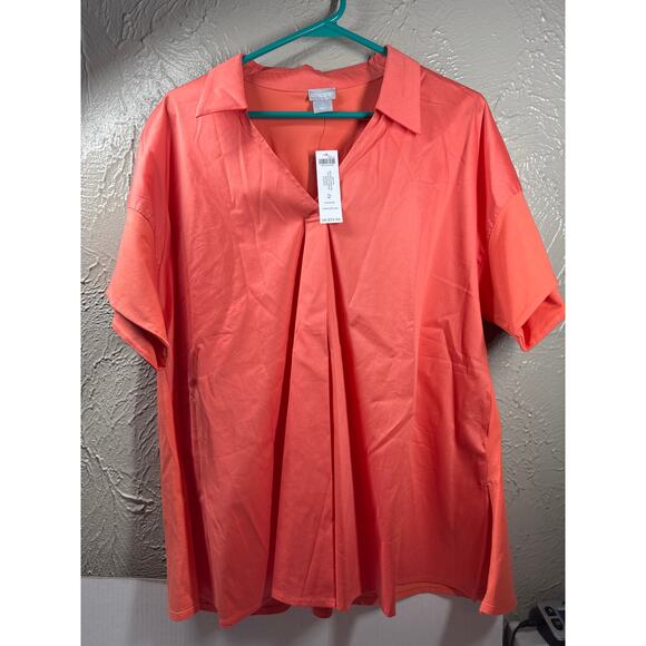 Chico's Shirt Womens Orange Nectarine Pullover Collared Pleated Fit Size 2 Large - Picture 1 of 4